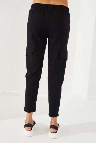 Women's High Waisted Cargo Pocket Black Tracksuit Bottom - 94588 - Thumbnail