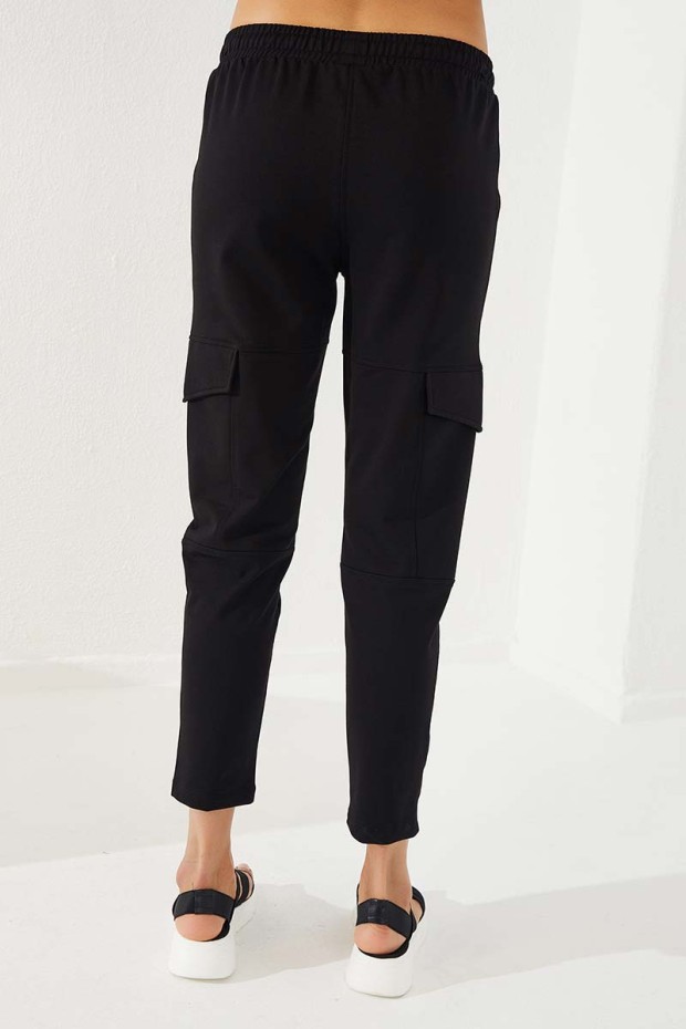 Women's High Waisted Cargo Pocket Black Tracksuit Bottom - 94588