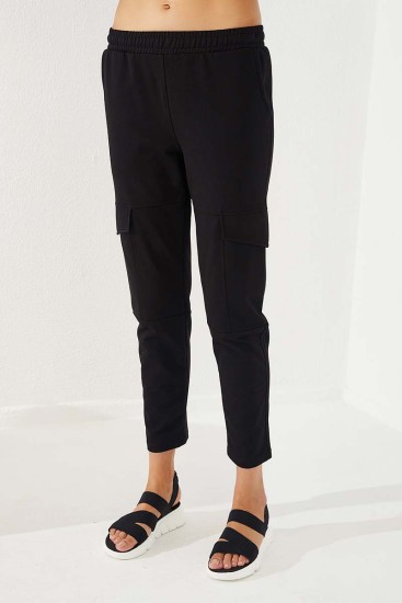 Women's High Waisted Cargo Pocket Black Tracksuit Bottom - 94588 - Thumbnail