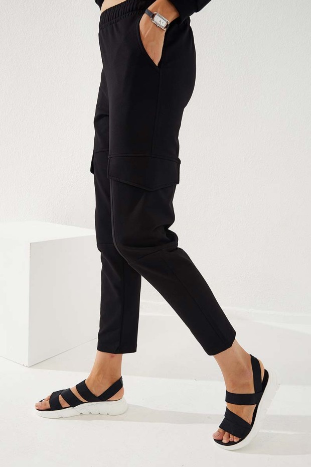 Women's High Waisted Cargo Pocket Black Tracksuit Bottom - 94588