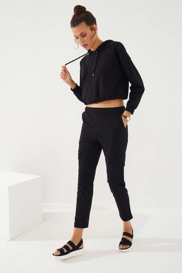 Women's High Waisted Cargo Pocket Black Tracksuit Bottom - 94588 - Thumbnail