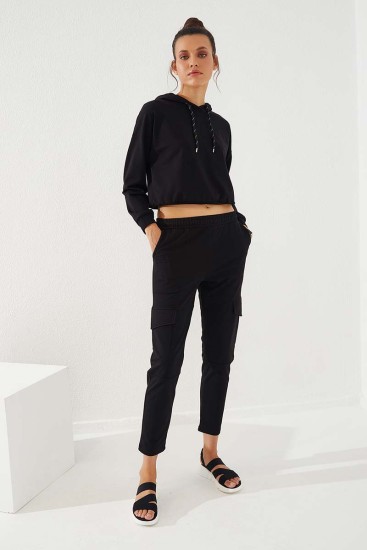 Women's High Waisted Cargo Pocket Black Tracksuit Bottom - 94588 - Thumbnail