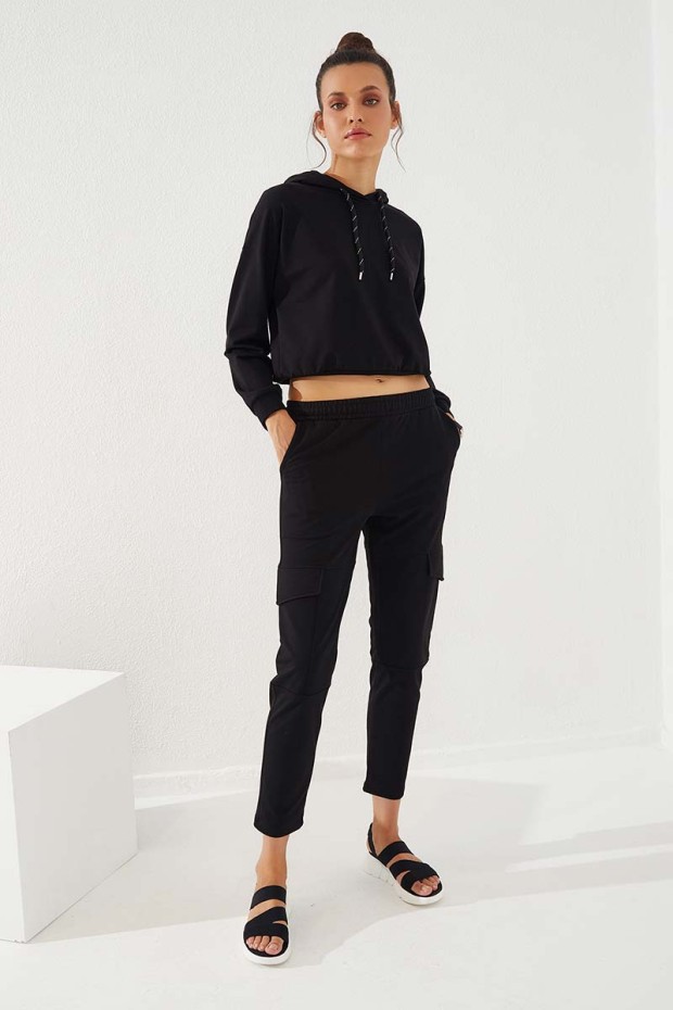 Women's High Waisted Cargo Pocket Black Tracksuit Bottom - 94588