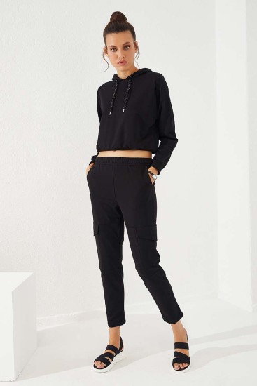 Women's High Waisted Cargo Pocket Black Tracksuit Bottom - 94588 - Thumbnail