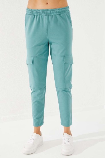 Women's High Waisted Cargo Pocket Mint Green Tracksuit Bottom - 94588 - Thumbnail