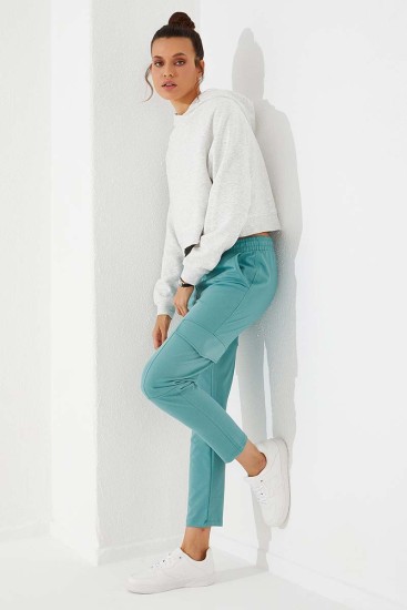 Women's High Waisted Cargo Pocket Mint Green Tracksuit Bottom - 94588 - Thumbnail