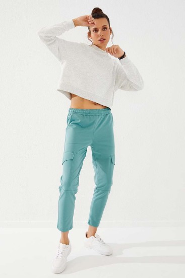 Women's High Waisted Cargo Pocket Mint Green Tracksuit Bottom - 94588 - Thumbnail