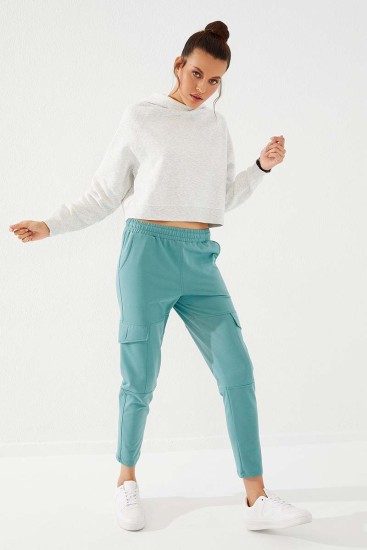 Women's High Waisted Cargo Pocket Mint Green Tracksuit Bottom - 94588 - Thumbnail