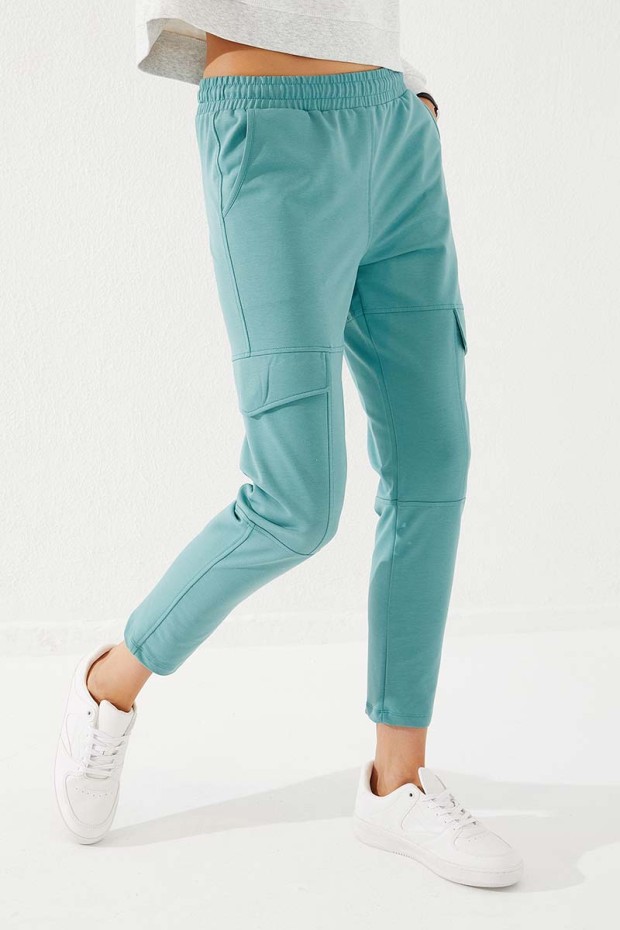 Women's High Waisted Cargo Pocket Mint Green Tracksuit Bottom - 94588