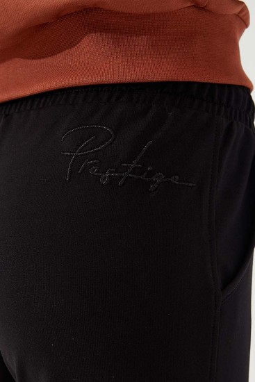 Women's High Waisted Embroidery Detailed Jogger Black Tracksuit Bottom - 94578 - Thumbnail