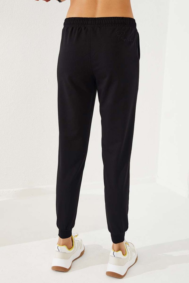 Women's High Waisted Embroidery Detailed Jogger Black Tracksuit Bottom - 94578