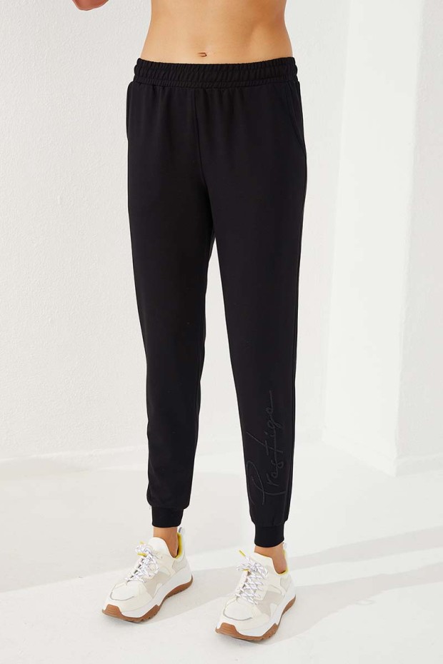 Women's High Waisted Embroidery Detailed Jogger Black Tracksuit Bottom - 94578