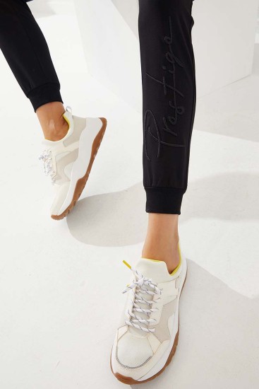 Women's High Waisted Embroidery Detailed Jogger Black Tracksuit Bottom - 94578 - Thumbnail