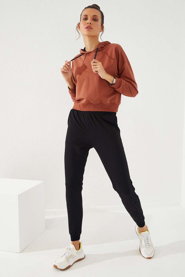 Women's High Waisted Embroidery Detailed Jogger Black Tracksuit Bottom - 94578