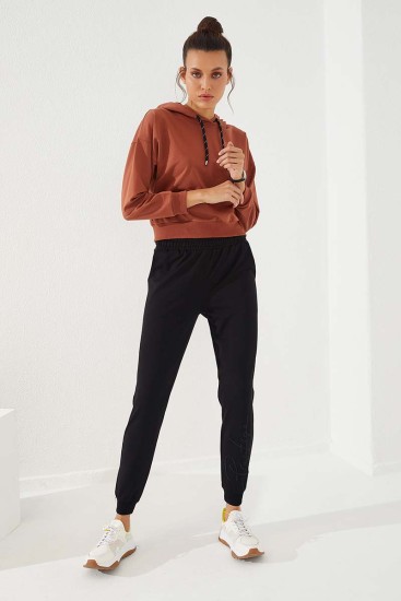 Women's High Waisted Embroidery Detailed Jogger Black Tracksuit Bottom - 94578 - Thumbnail