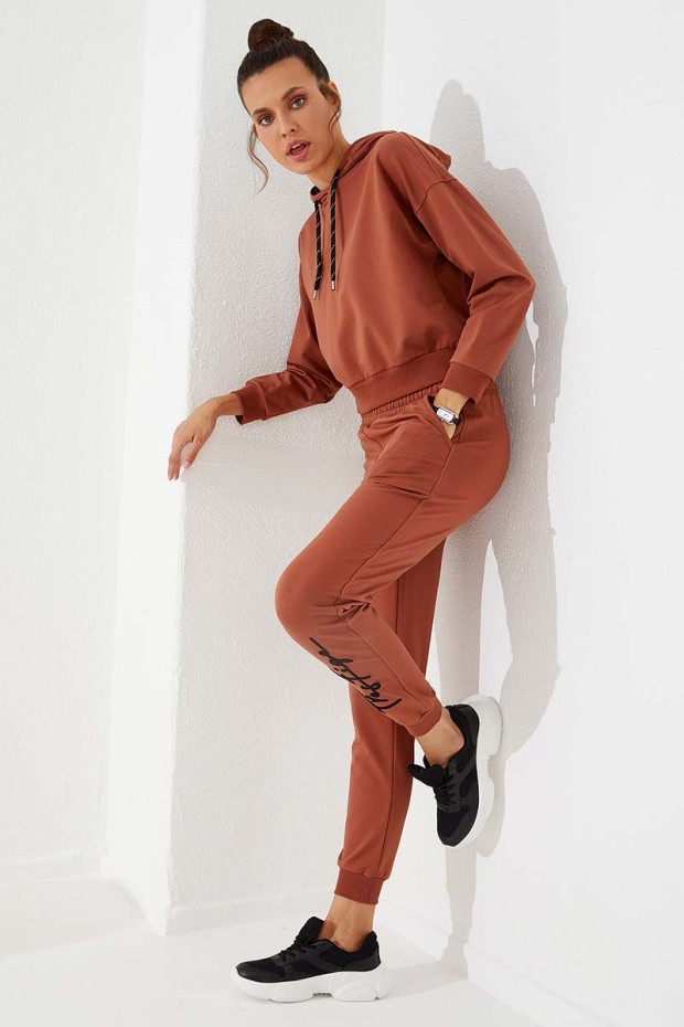 Women's High Waisted Embroidery Detailed Jogger Cinnamon Tracksuit Bottom - 94578
