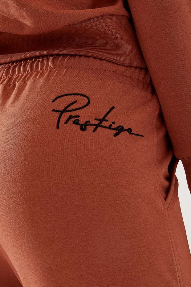 Women's High Waisted Embroidery Detailed Jogger Cinnamon Tracksuit Bottom - 94578