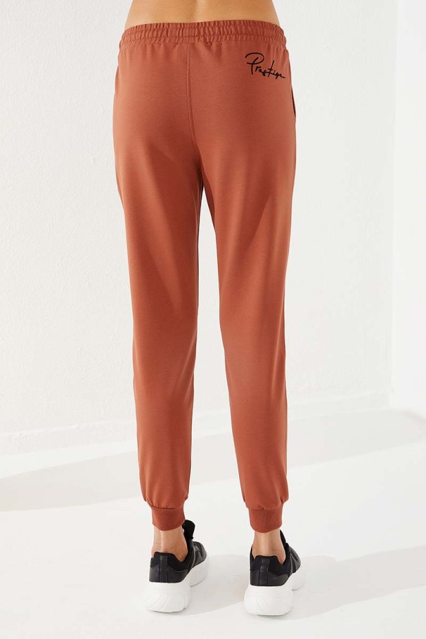 Women's High Waisted Embroidery Detailed Jogger Cinnamon Tracksuit Bottom - 94578