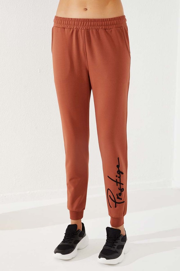Women's High Waisted Embroidery Detailed Jogger Cinnamon Tracksuit Bottom - 94578