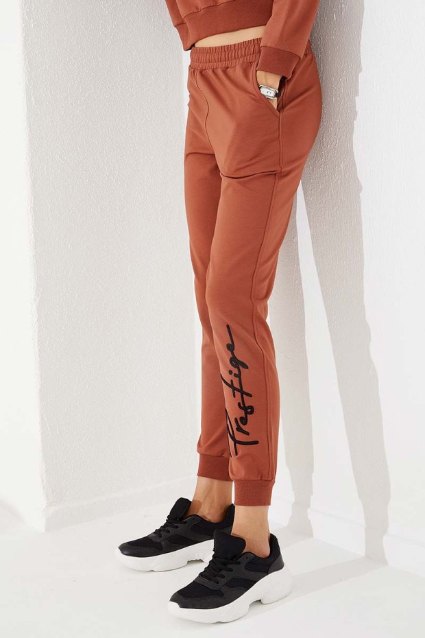 Women's High Waisted Embroidery Detailed Jogger Cinnamon Tracksuit Bottom - 94578
