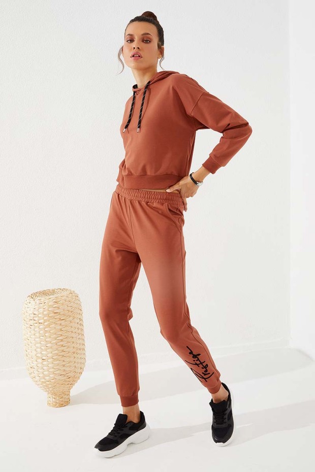 Women's High Waisted Embroidery Detailed Jogger Cinnamon Tracksuit Bottom - 94578