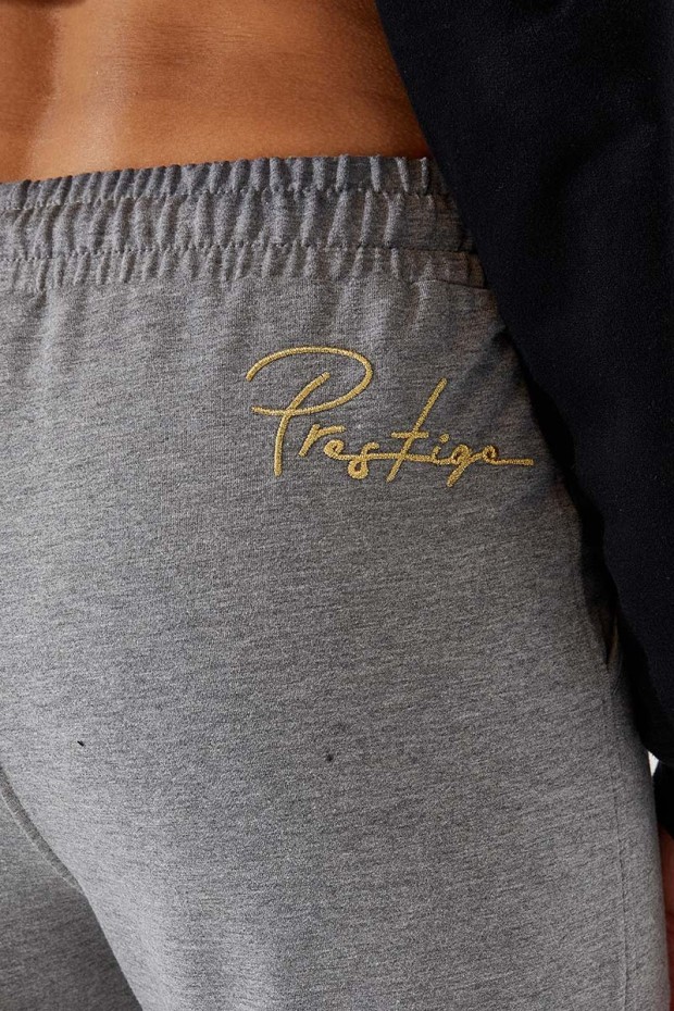 Women's High Waisted Embroidery Detailed Jogger Grey Melange Tracksuit Bottom - 94578