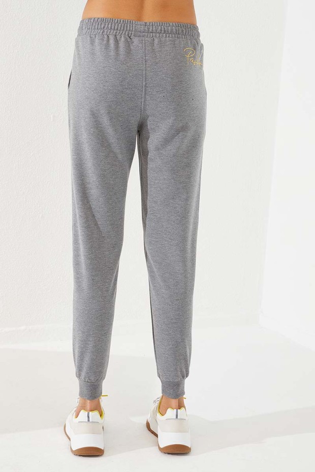 Women's High Waisted Embroidery Detailed Jogger Grey Melange Tracksuit Bottom - 94578