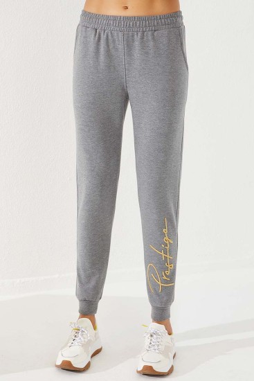 Women's High Waisted Embroidery Detailed Jogger Grey Melange Tracksuit Bottom - 94578 - Thumbnail
