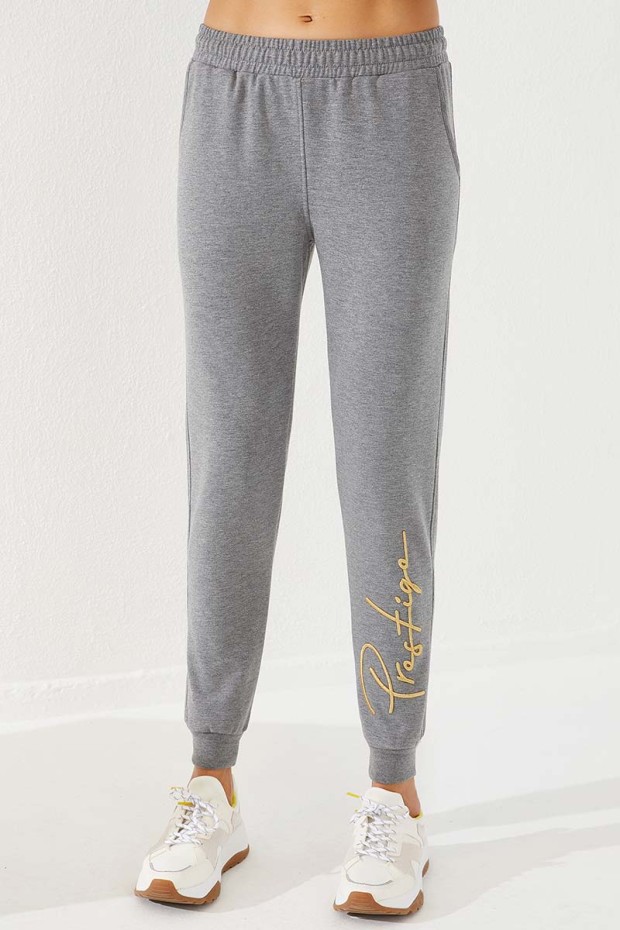 Women's High Waisted Embroidery Detailed Jogger Grey Melange Tracksuit Bottom - 94578
