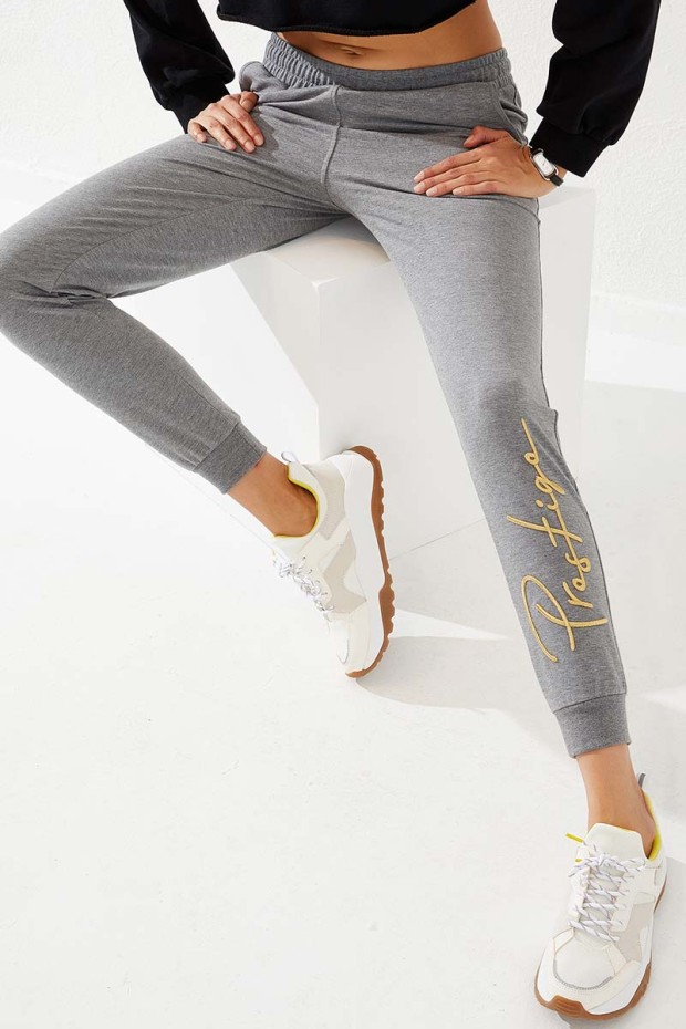 Women's High Waisted Embroidery Detailed Jogger Grey Melange Tracksuit Bottom - 94578