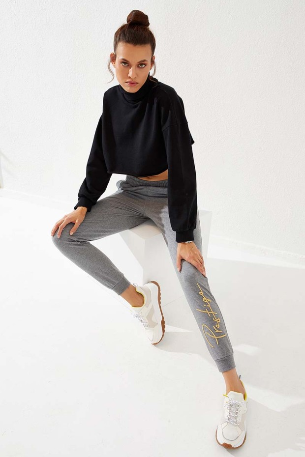Women's High Waisted Embroidery Detailed Jogger Grey Melange Tracksuit Bottom - 94578