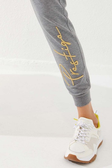 Women's High Waisted Embroidery Detailed Jogger Grey Melange Tracksuit Bottom - 94578 - Thumbnail