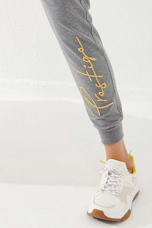 Women's High Waisted Embroidery Detailed Jogger Grey Melange Tracksuit Bottom - 94578