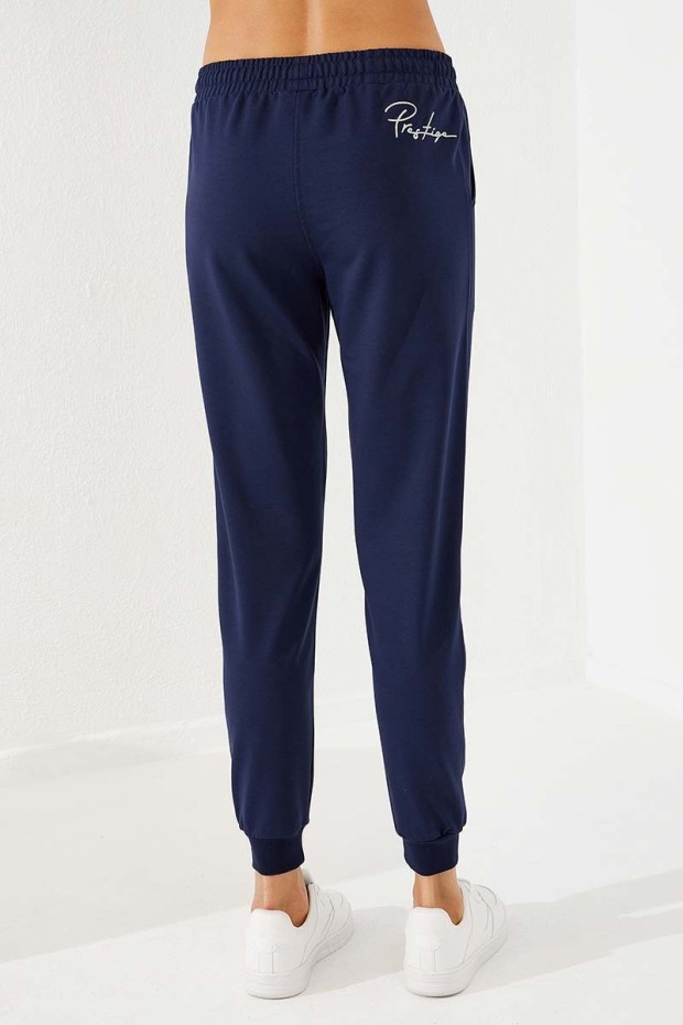 Women's High Waisted Embroidery Detailed Jogger Indigo Tracksuit Bottom - 94578