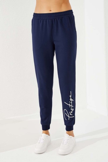 Women's High Waisted Embroidery Detailed Jogger Indigo Tracksuit Bottom - 94578 - Thumbnail