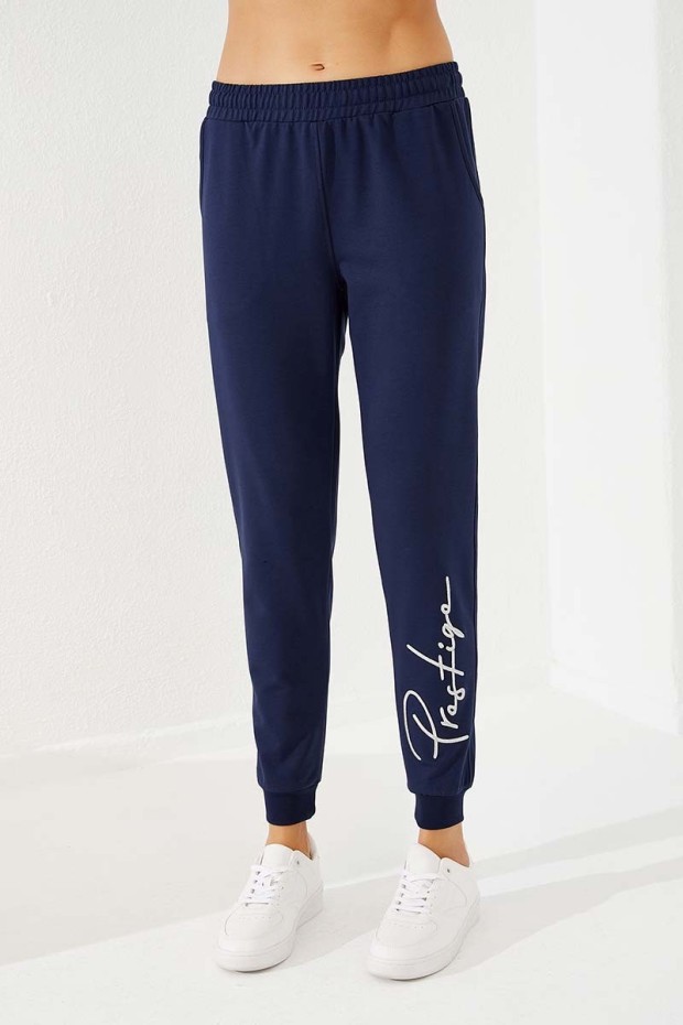 Women's High Waisted Embroidery Detailed Jogger Indigo Tracksuit Bottom - 94578