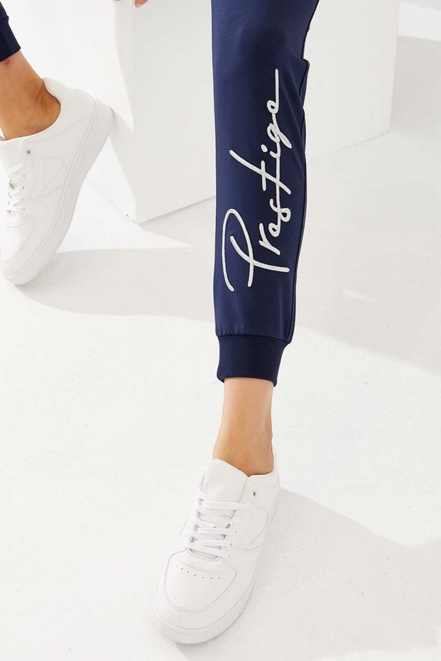 Women's High Waisted Embroidery Detailed Jogger Indigo Tracksuit Bottom - 94578