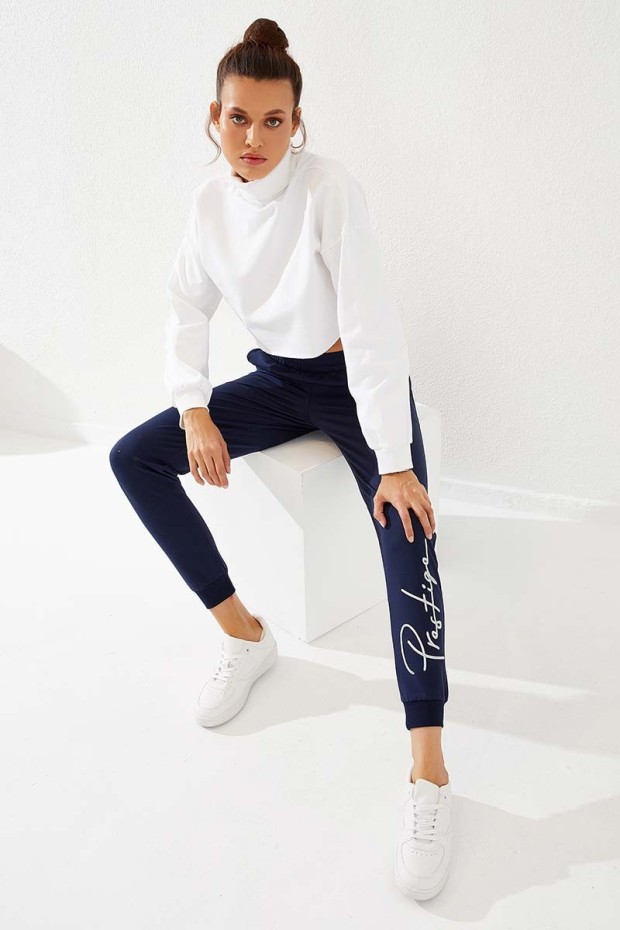 Women's High Waisted Embroidery Detailed Jogger Indigo Tracksuit Bottom - 94578