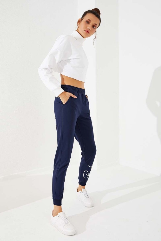 Women's High Waisted Embroidery Detailed Jogger Indigo Tracksuit Bottom - 94578