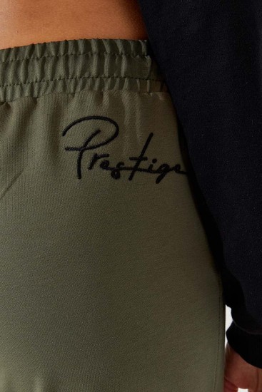 Women's High Waisted Embroidery Detailed Jogger Khaki Tracksuit Bottom - 94578 - Thumbnail
