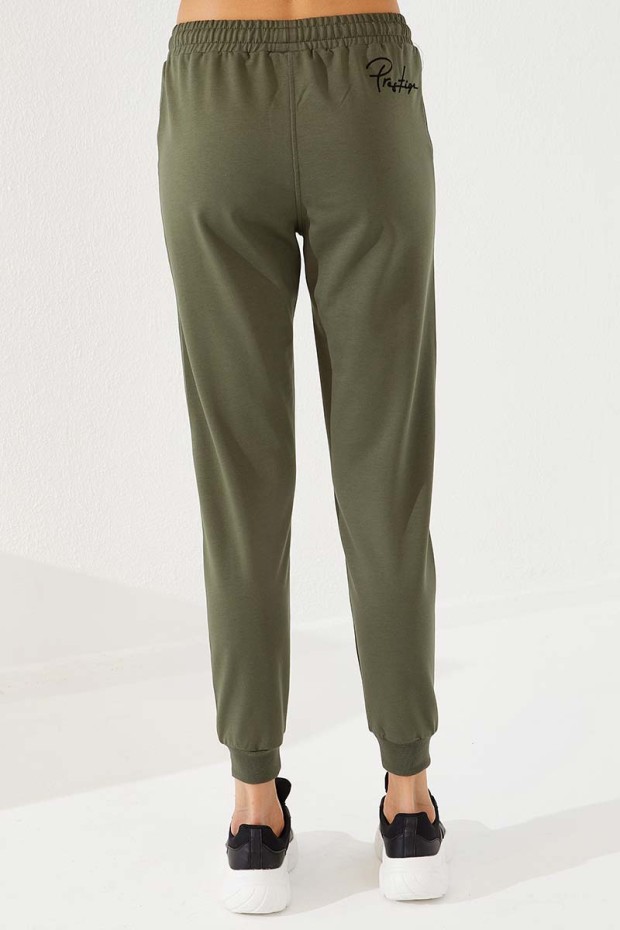 Women's High Waisted Embroidery Detailed Jogger Khaki Tracksuit Bottom - 94578