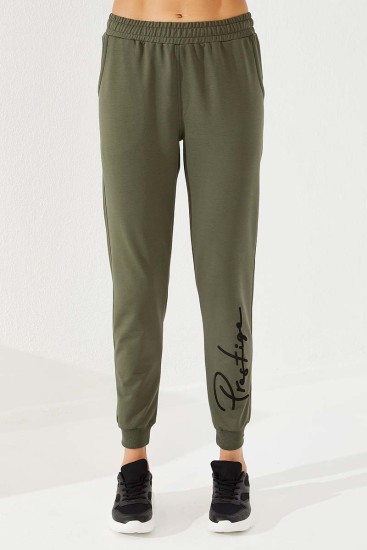Women's High Waisted Embroidery Detailed Jogger Khaki Tracksuit Bottom - 94578 - Thumbnail