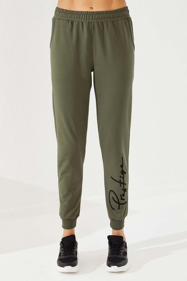 Women's High Waisted Embroidery Detailed Jogger Khaki Tracksuit Bottom - 94578