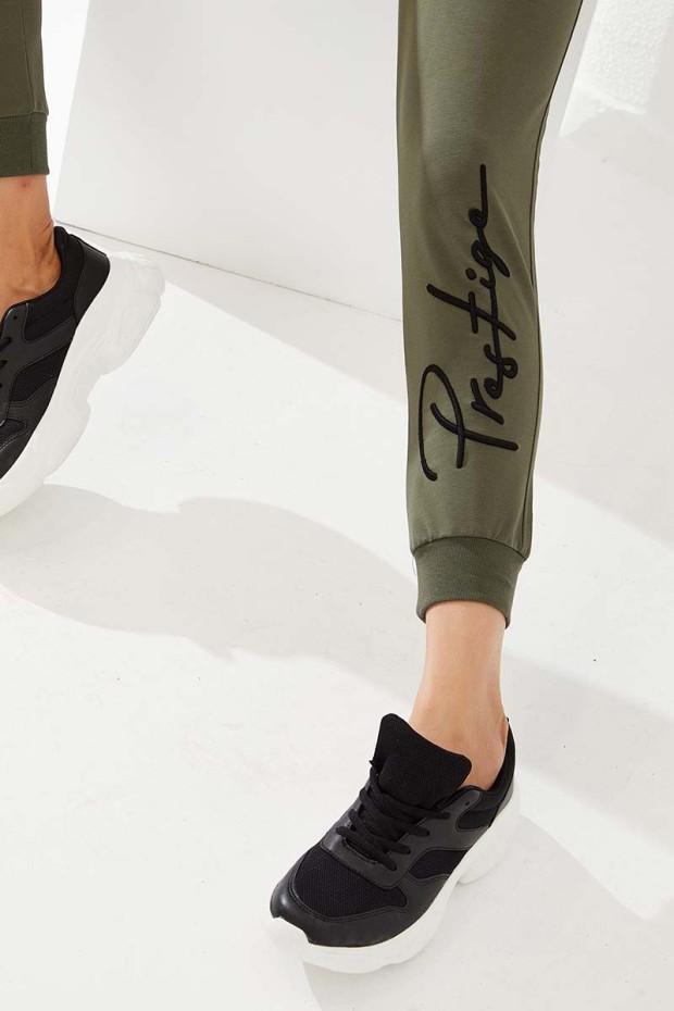 Women's High Waisted Embroidery Detailed Jogger Khaki Tracksuit Bottom - 94578