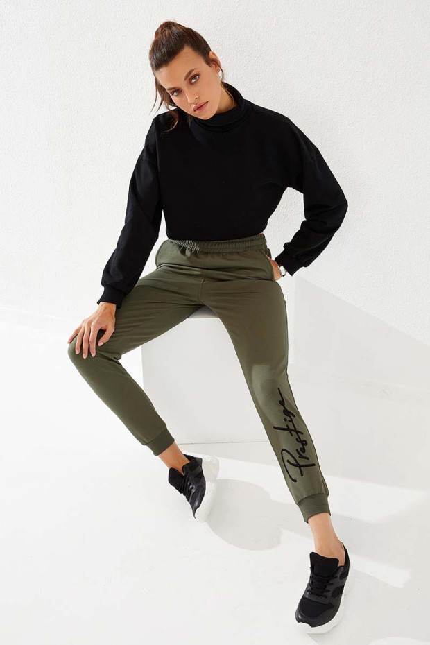 Women's High Waisted Embroidery Detailed Jogger Khaki Tracksuit Bottom - 94578