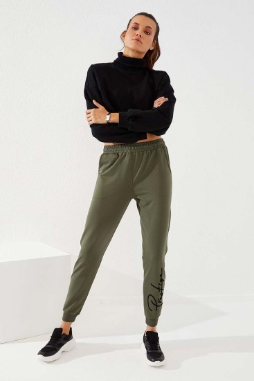Women's High Waisted Embroidery Detailed Jogger Khaki Tracksuit Bottom - 94578 - Thumbnail