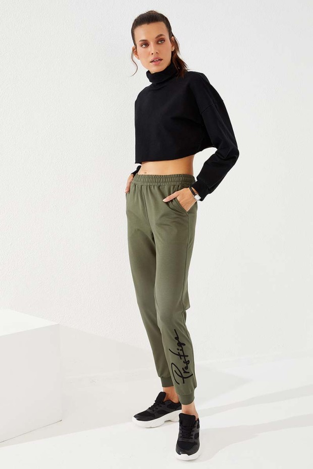 Women's High Waisted Embroidery Detailed Jogger Khaki Tracksuit Bottom - 94578