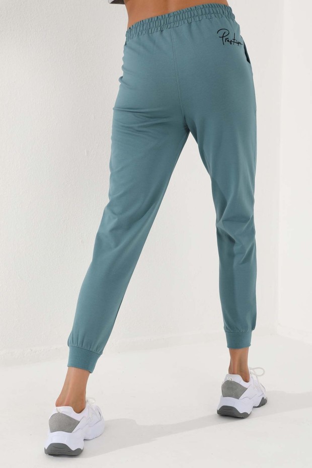 Women's High Waisted Embroidery Detailed Jogger Mint Green Tracksuit Bottom - 94578