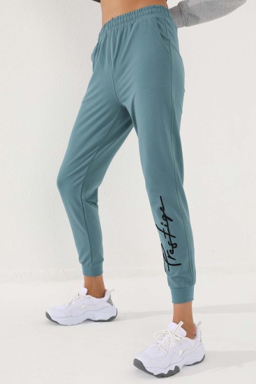 Women's High Waisted Embroidery Detailed Jogger Mint Green Tracksuit Bottom - 94578 - Thumbnail