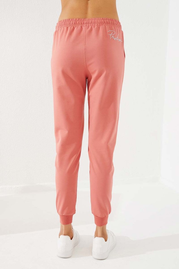 Women's High Waisted Embroidery Detailed Jogger Powder Tracksuit Bottom - 94578